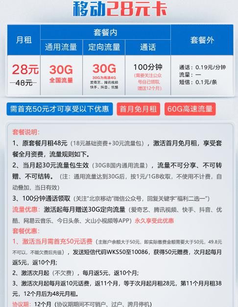 中国移动19元80g流量120分钟通话,移动套餐19元100分钟通话3个g流量