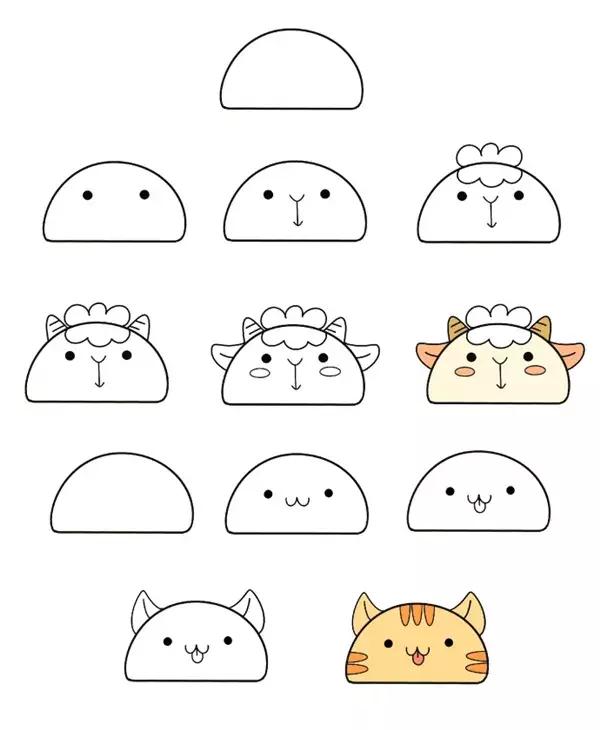 用六个圆和两个半圆画小动物,简笔画教程两分钟画出超萌小动物