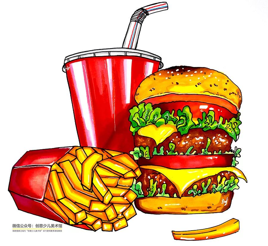 儿童画美食涂颜色教程,画汉堡怎么画简单又好看