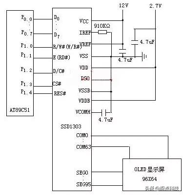 OLED显示屏，行驱动电路设计，单片机AT89C51与和显示屏的硬件接线