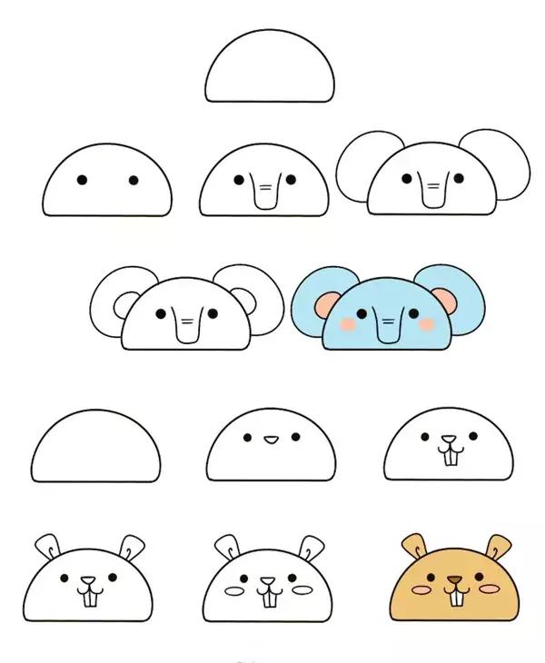 用六个圆和两个半圆画小动物,简笔画教程两分钟画出超萌小动物