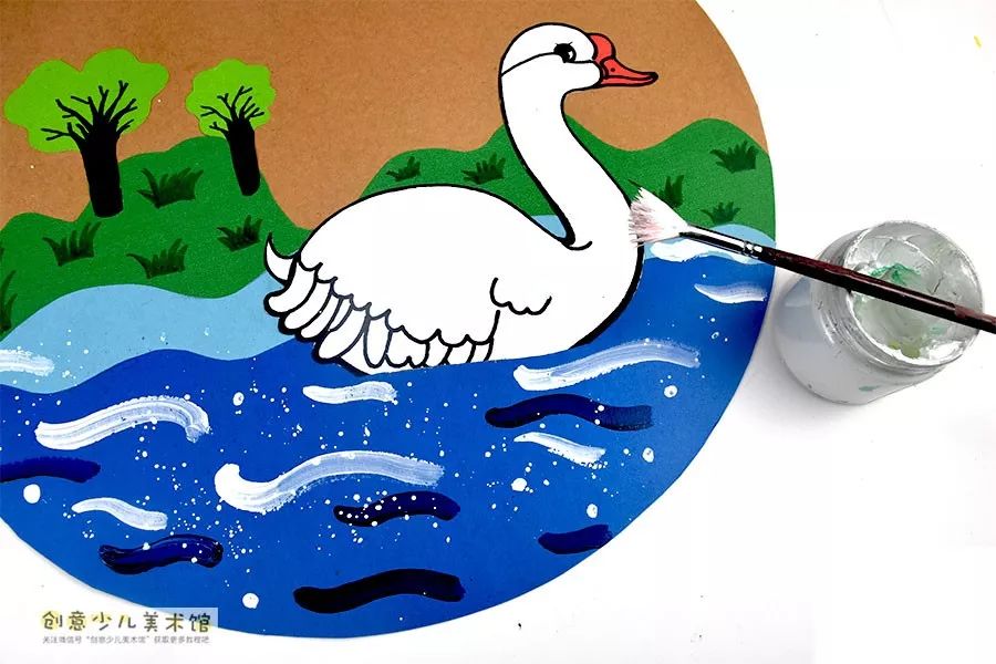 儿童水粉画池塘里的大白鹅,池塘大白鹅儿童画