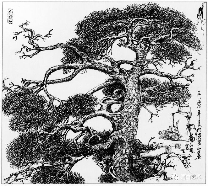 日式线描松树波浪纹,深度线描儿童画松树