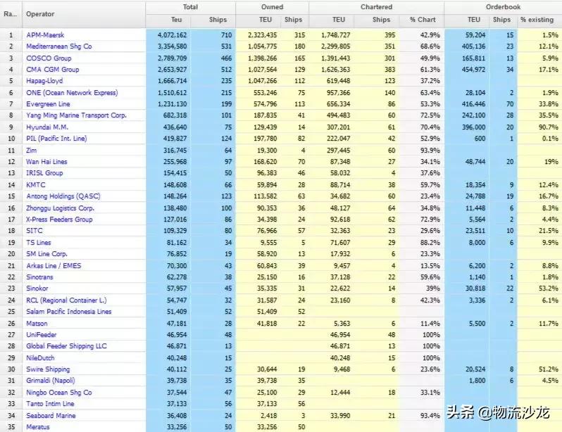 2024全球船公司运力排行榜,全球前十集装箱公司运力排名