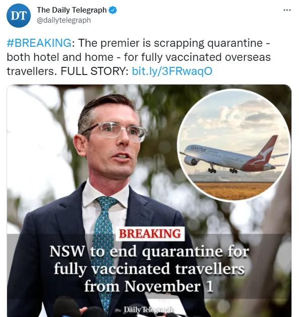 澳大利亚新州11月1日起向全世界开放，海外接种疫苗入境免隔离