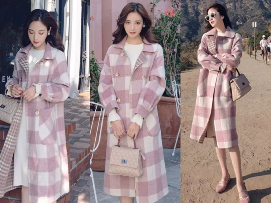 咖啡色裙子配格子大衣,今年流行的格子大衣套装