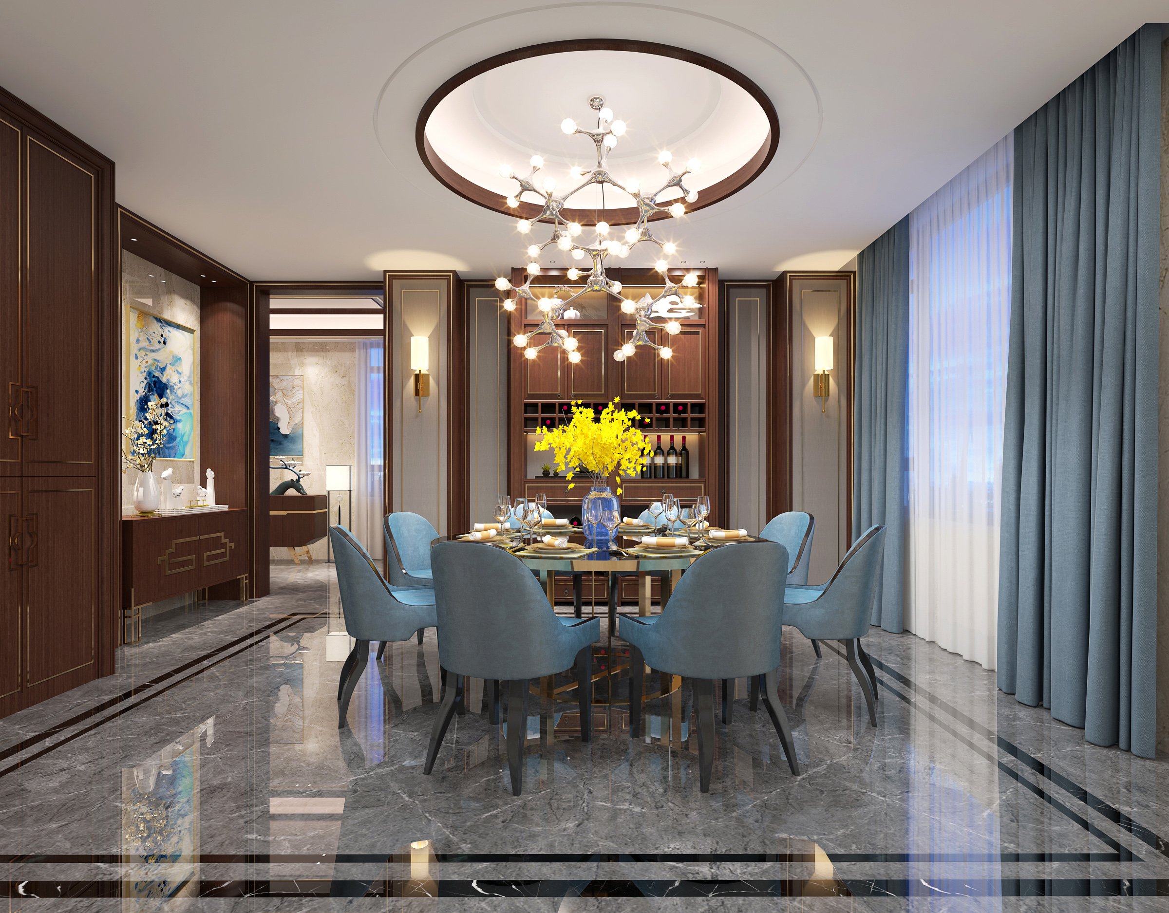 背景墙家装设计现代轻奢风客厅,禅意新中式厨房吊顶效果图