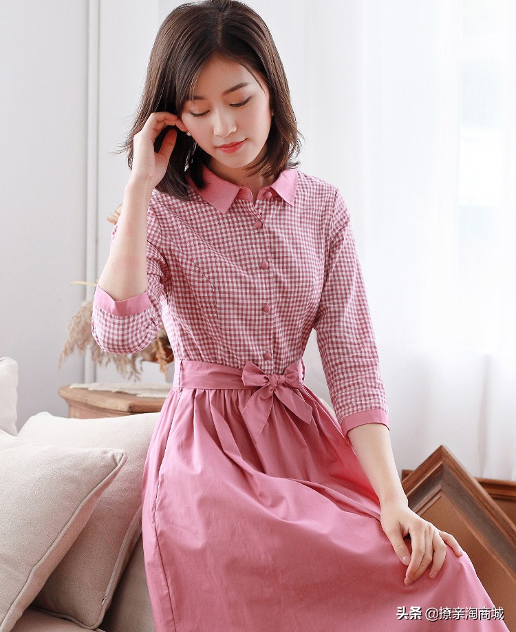 2019春装新款连衣裙女，夏棉麻格子修身衬衫裙中长款春季裙子