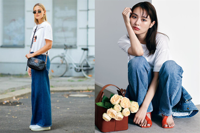 深秋不加绒牛仔阔腿裤深色,秋冬百搭神裤宽窄版阔腿牛仔裤