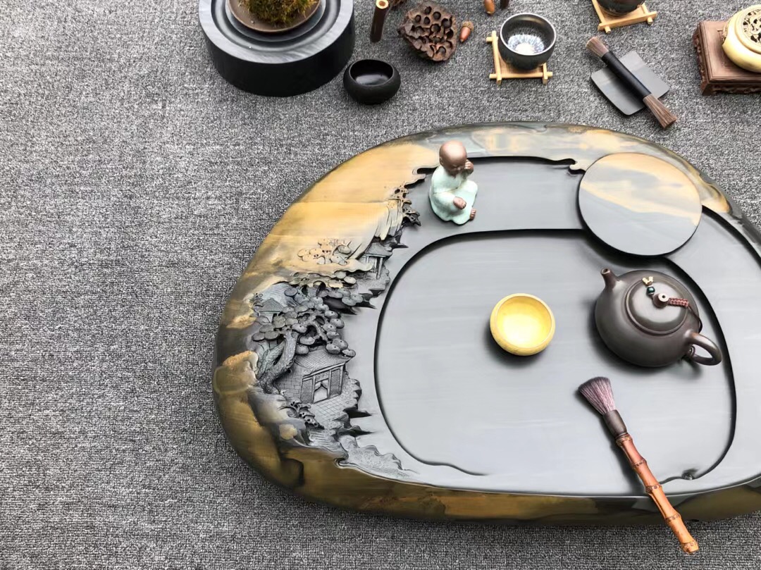 石头连体雕刻茶盘,工艺石头拼接摆件
