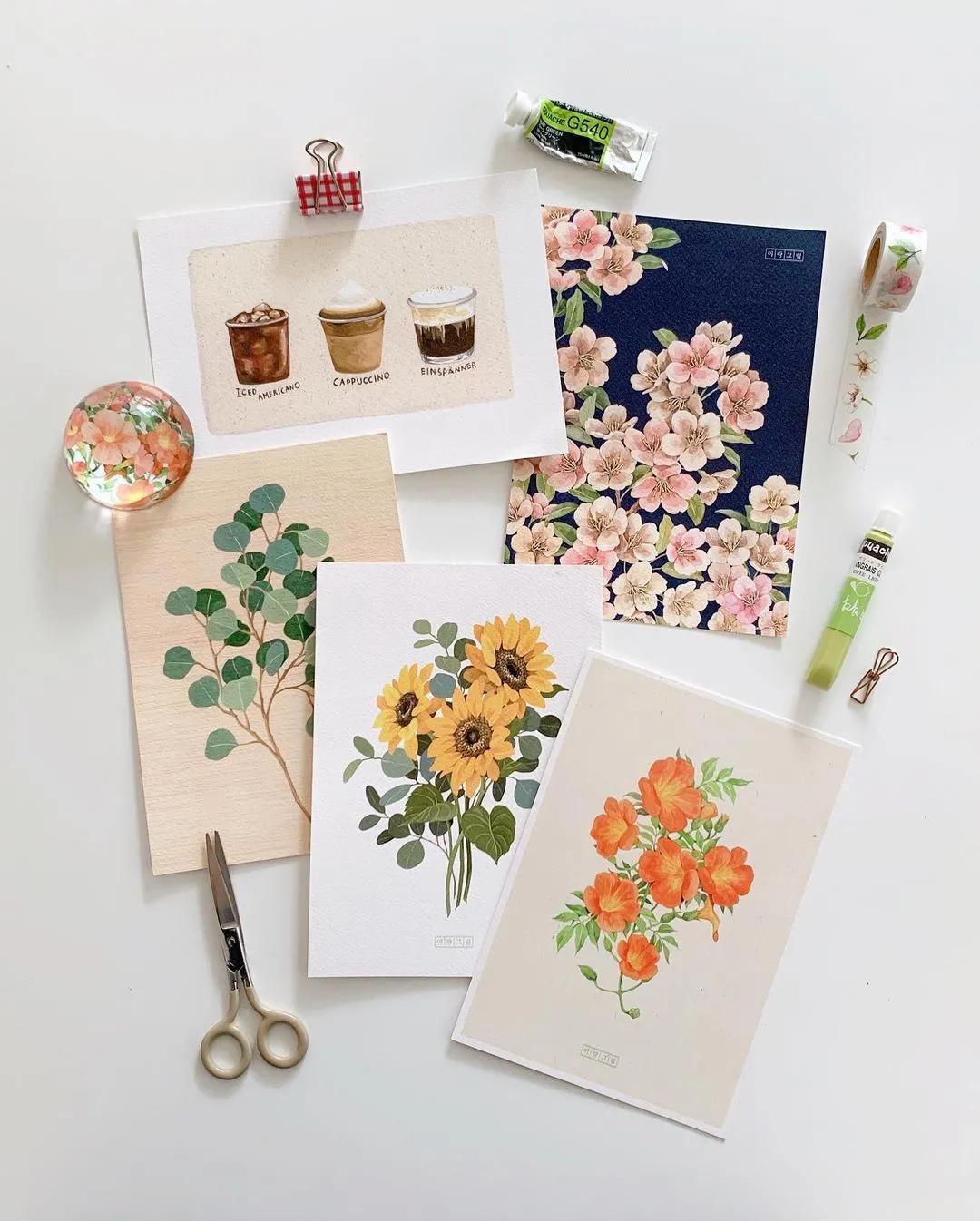 超美水彩画治愈,韩国女孩画画