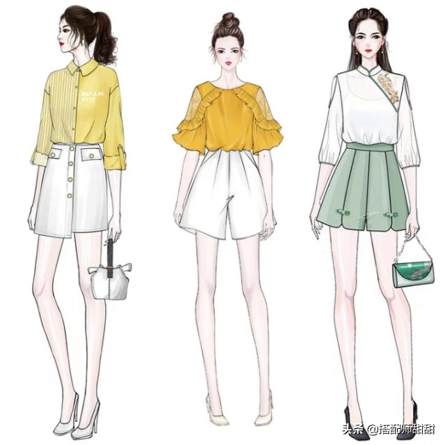 日系手绘穿衣搭配图,女孩每日穿搭手绘