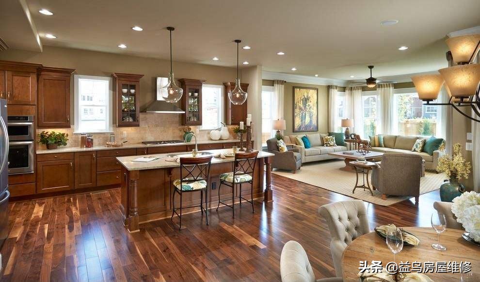 南北通透客厅餐厅厨房连体效果图,餐客厅不一体怎么设计