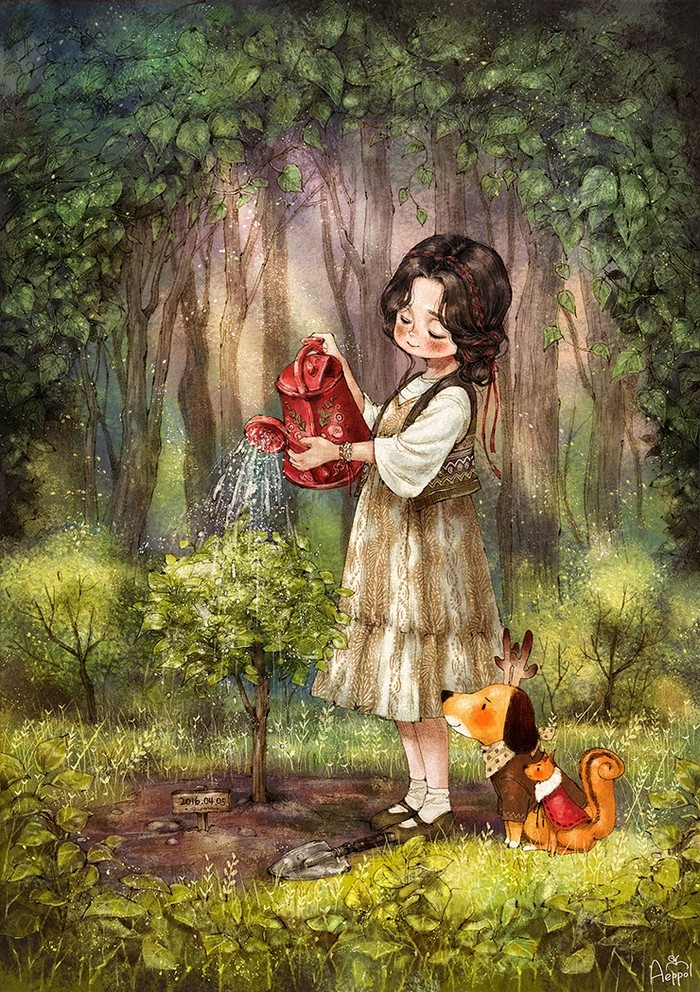 韩国插画师森林女孩日记图文,水彩插画森林女孩日记