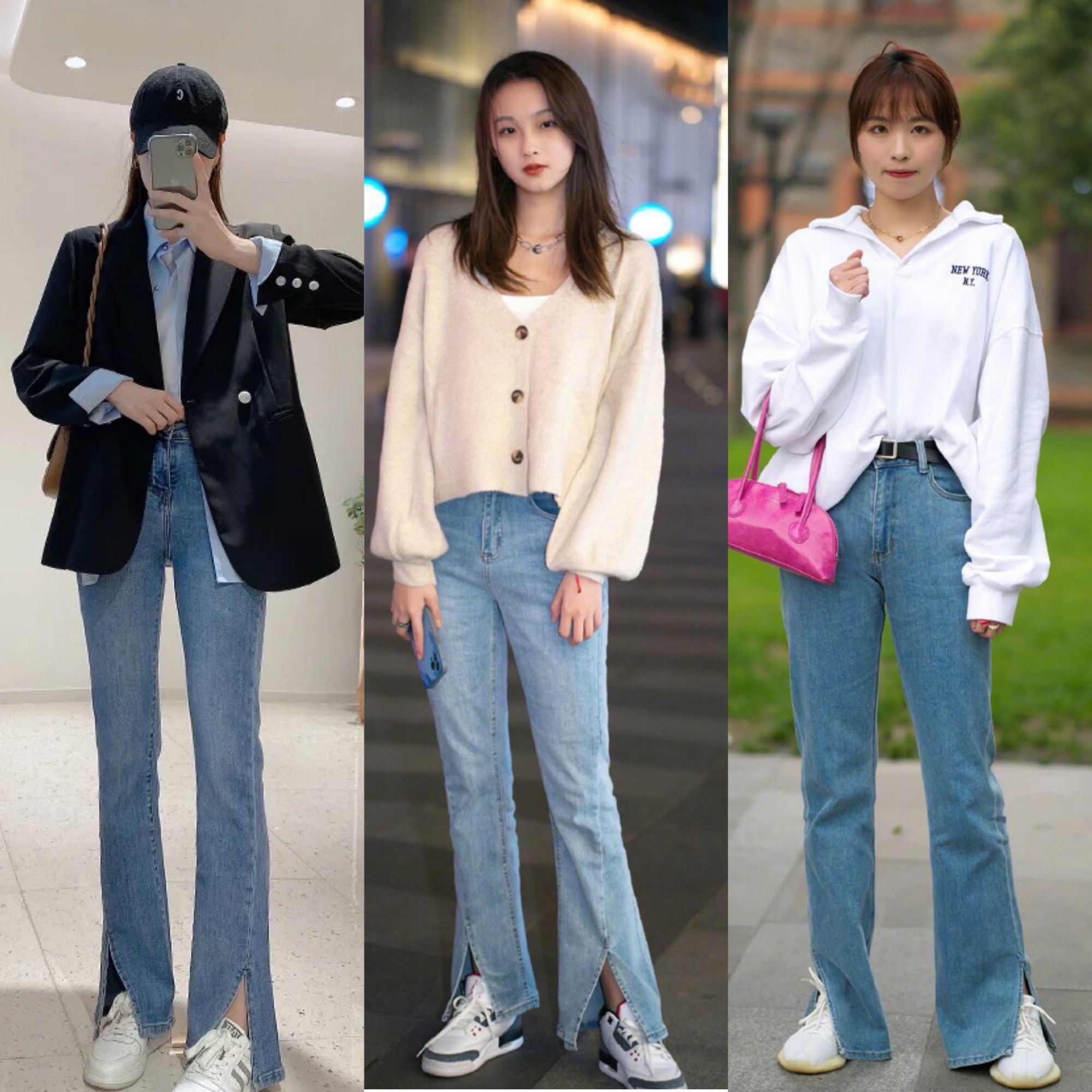 高腰牛仔开叉裤春季穿搭,今年最火的开叉裤款式