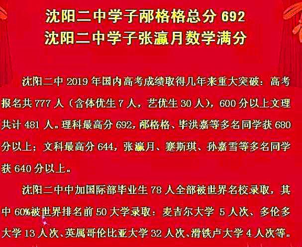 沈阳最好成绩,沈阳市成绩最好的十大高中