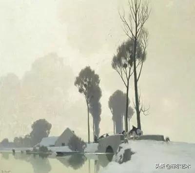 极简油画金色麦田和山,以红蓝为基调的风景油画