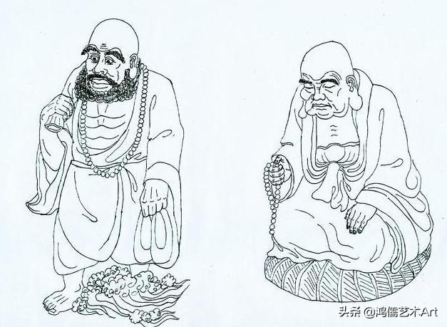 十八罗汉拜观音白描图,十八罗汉李云中白描人物图谱