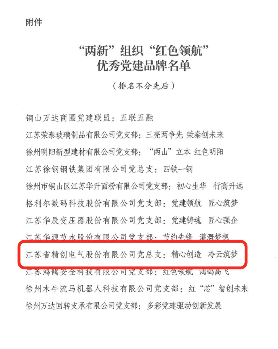 精创电气创建“精心创造冷云筑梦”被评定优秀*党**建品牌