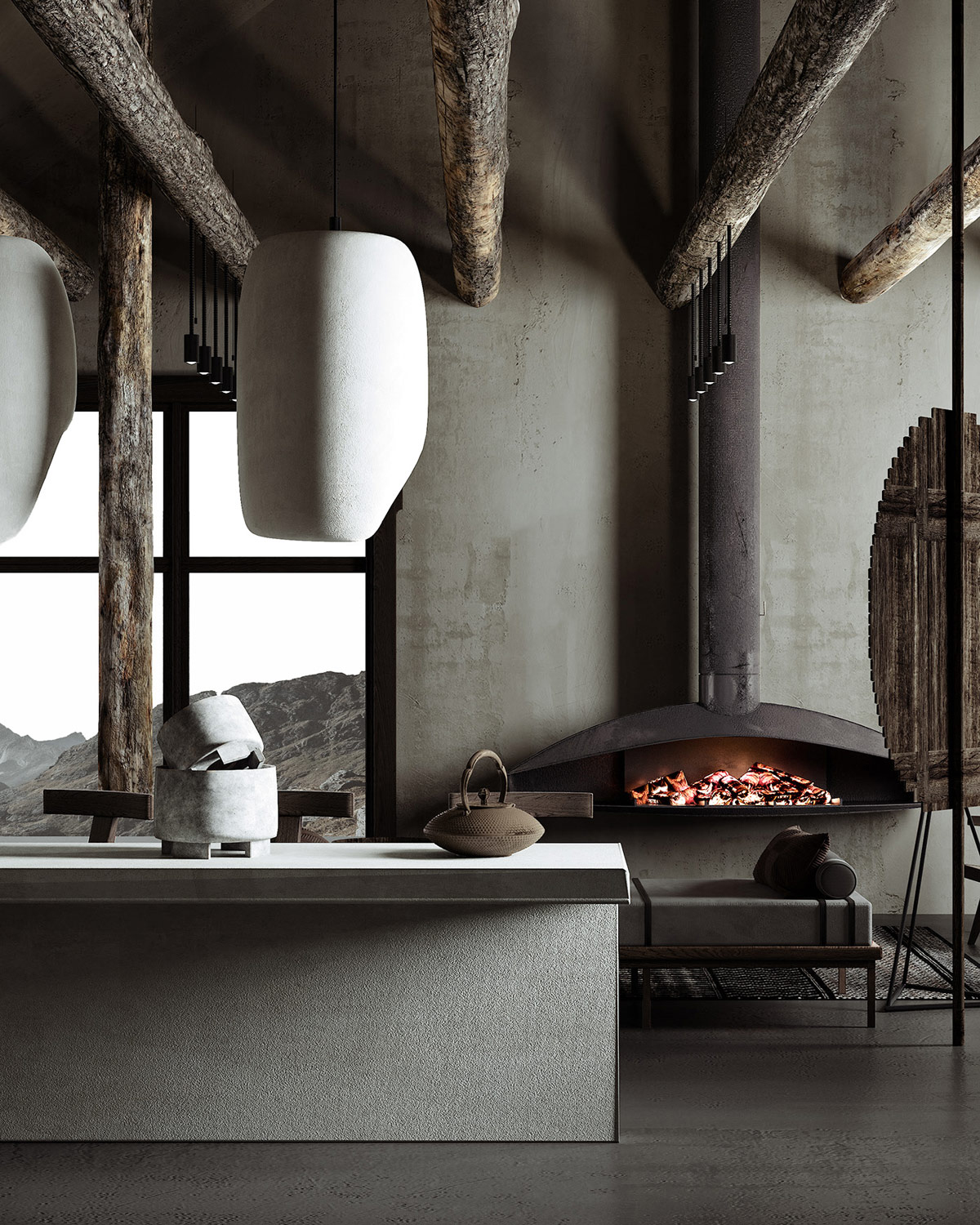 侘寂风屋顶原木设计,原木侘寂风住宅设计