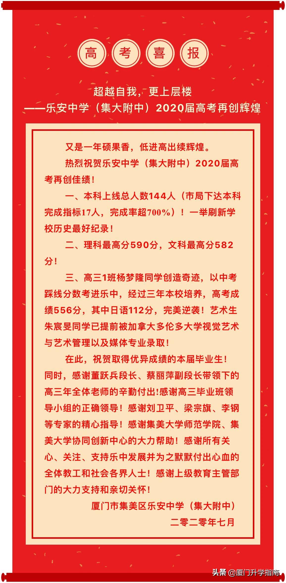 2020年厦门松柏中学高考喜报,福建厦门中学高考喜报
