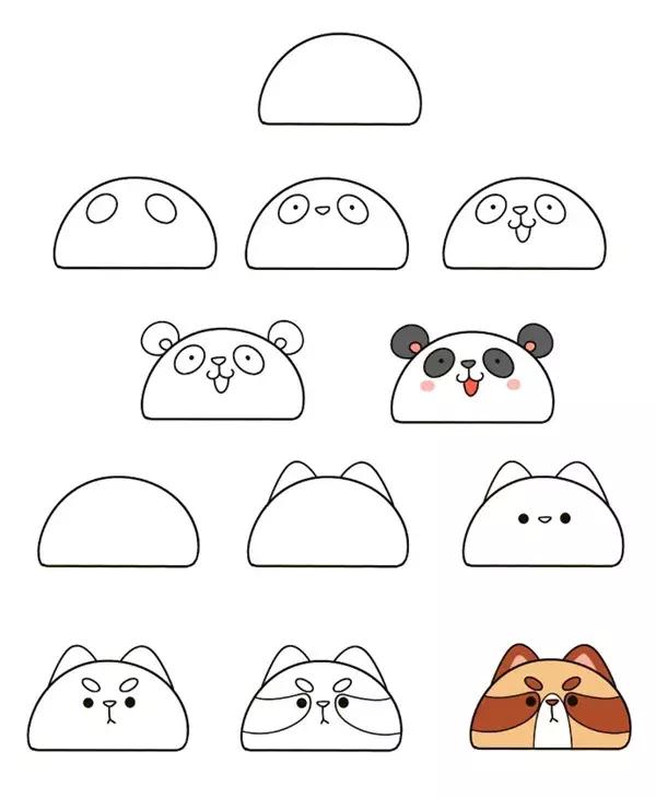 用六个圆和两个半圆画小动物,简笔画教程两分钟画出超萌小动物