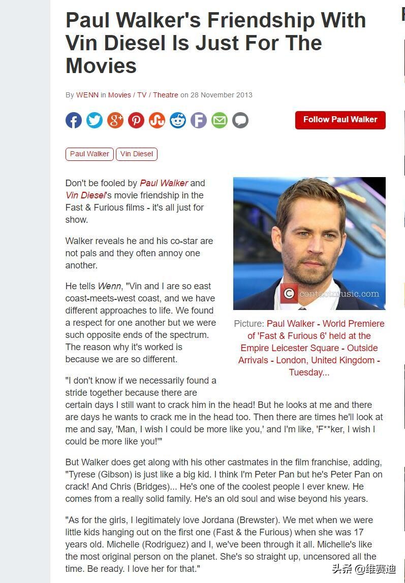 范迪塞尔为什么一直消费保罗沃克,范迪塞尔stopsending