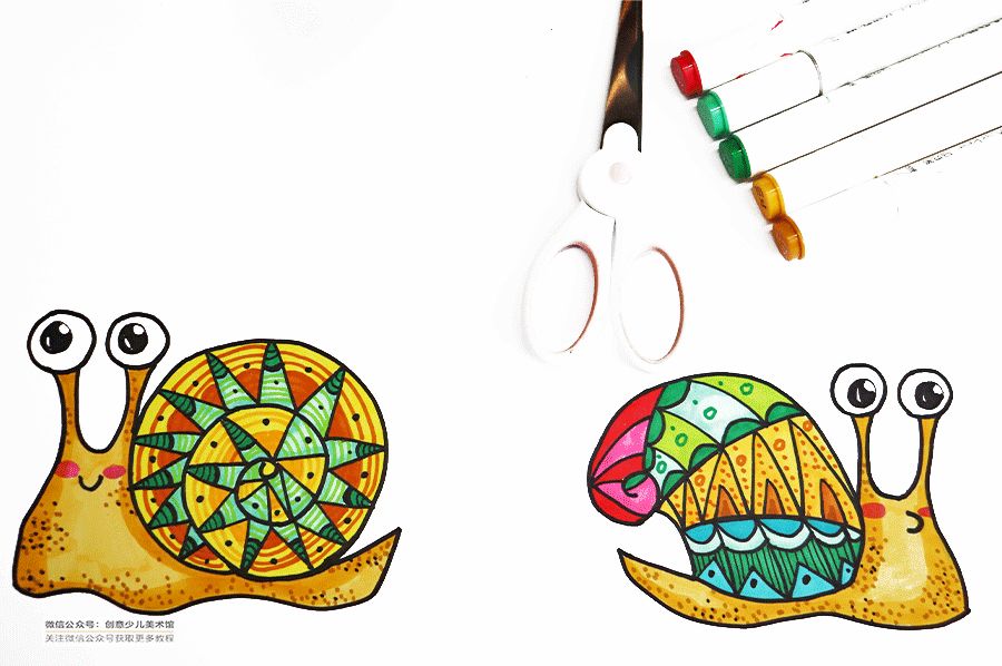 蜗牛妈妈和小蜗牛儿童画,蜗牛创意美术儿童画粘土