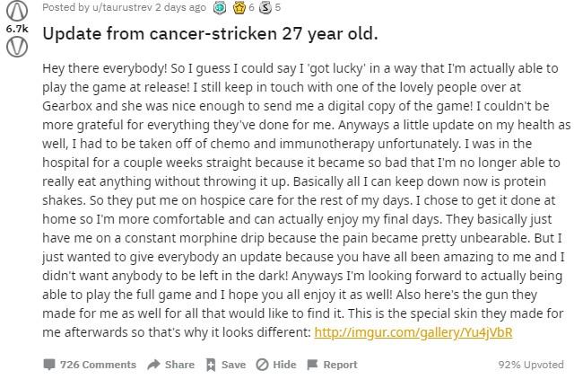 无主之地：癌症玩家夙愿终得偿官方赠予*器武**命名广受好评