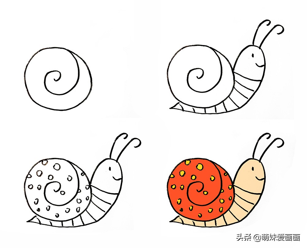 小蜗牛春夏秋冬四季创意画简笔画,蜗牛与鱼青蛙荷花创作一幅简笔画