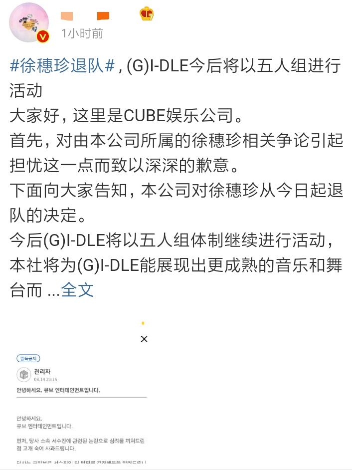cube徐穗珍退队,韩国网友对徐穗珍退队的看法