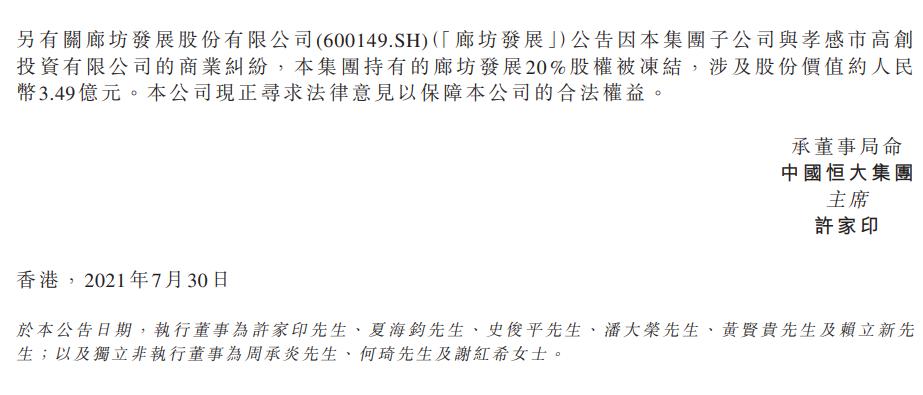 恒大地产21亿股权被冻结,恒大股权被冻结