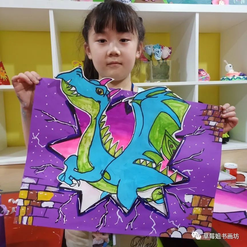 儿童马克笔画7岁恐龙,马克笔儿童画卡通人物绿色小恐龙