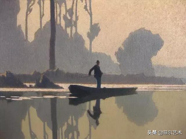 极简油画金色麦田和山,以红蓝为基调的风景油画