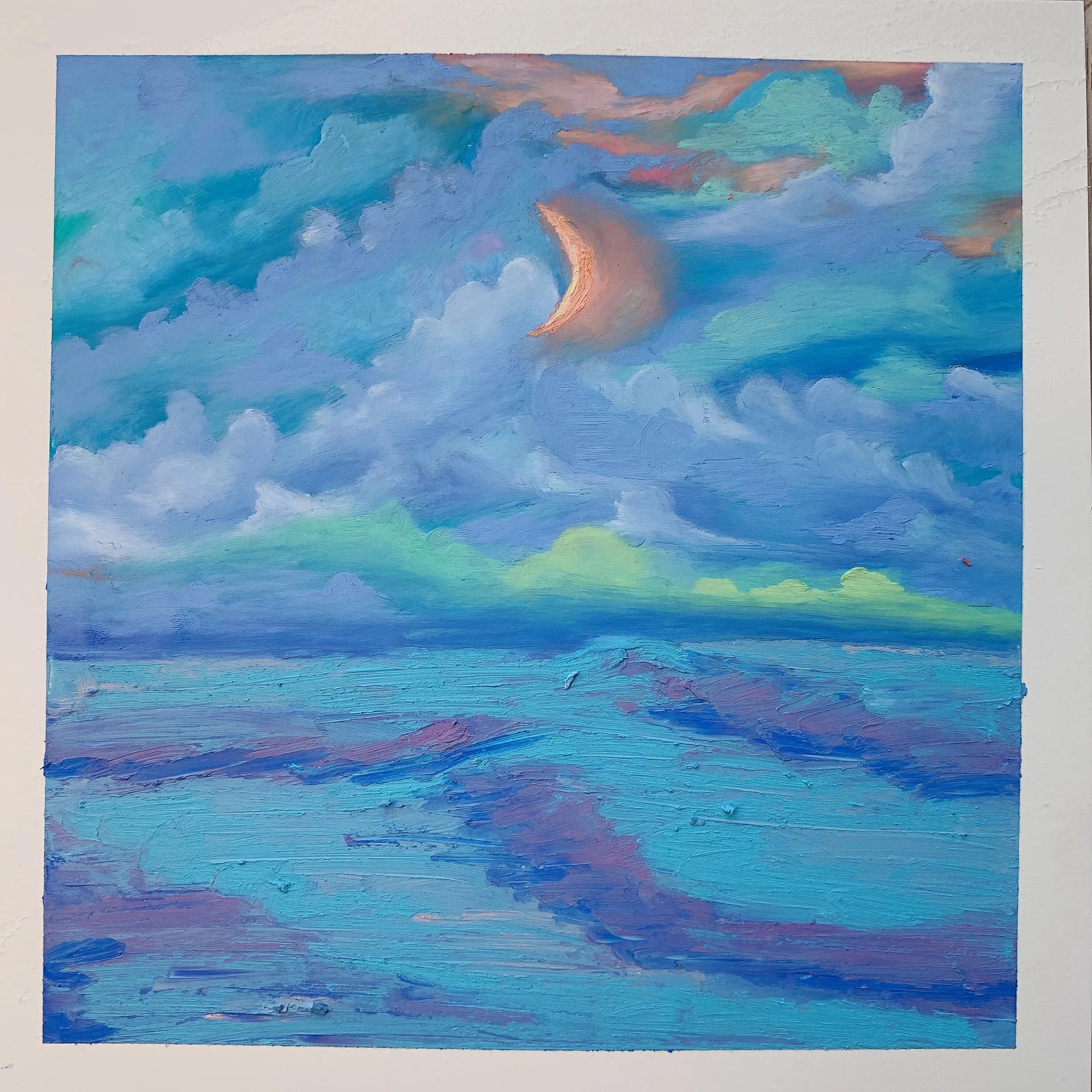 油画作品大海教程,落日大海油画棒作品简单