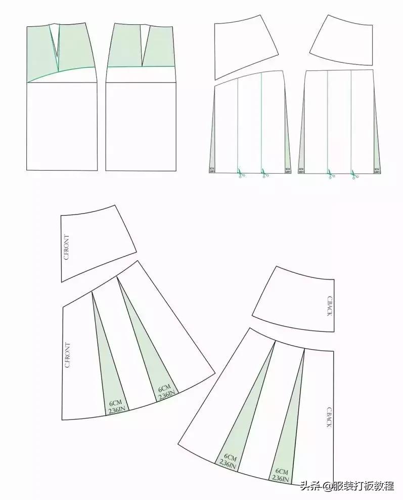 工字褶裙打版结构图,连腰工字褶裙打版