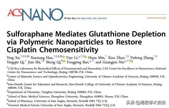 国家纳米中心ACSNano：耗竭谷胱甘肽以恢复顺铂化学敏感性