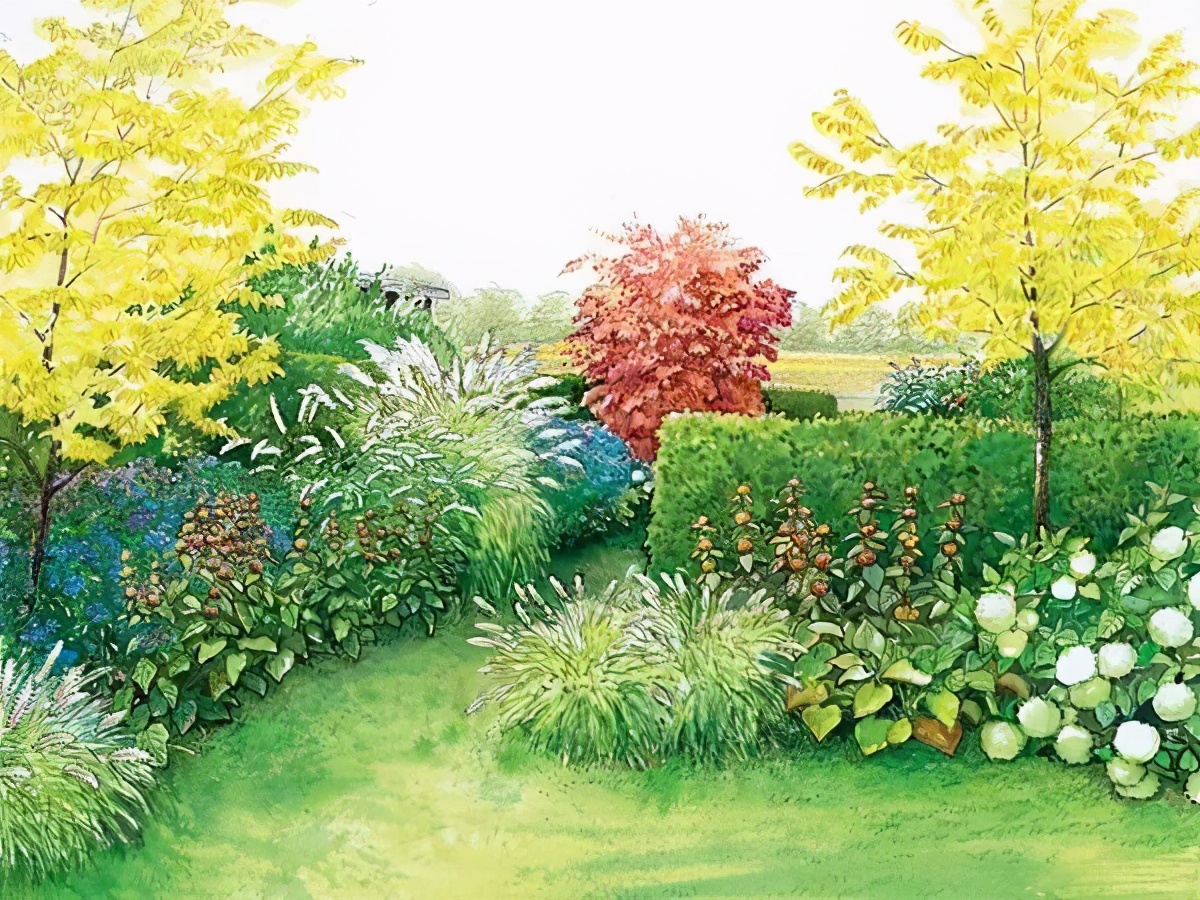 手绘清新小花园,日式庭院迷你小花园手绘