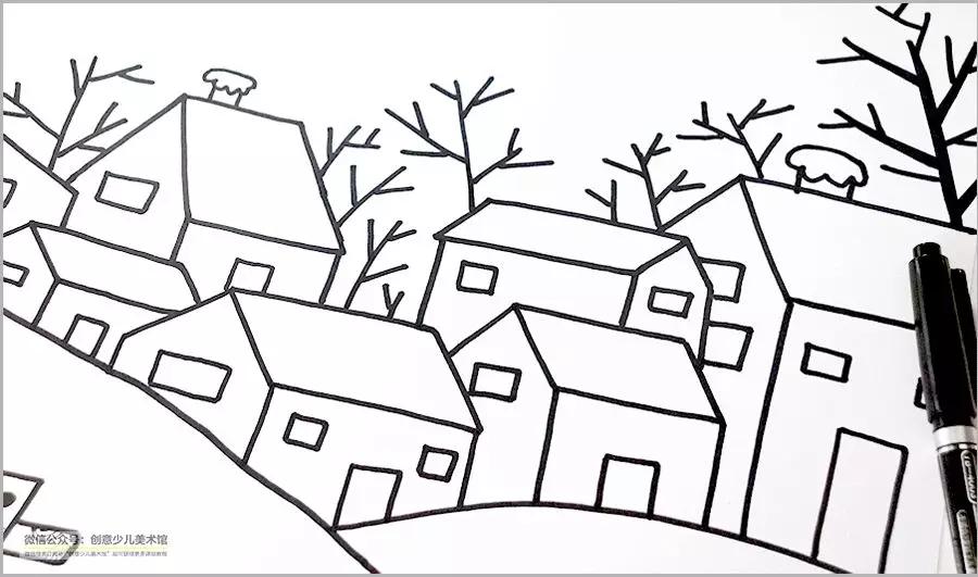 儿童画冬日街道风景,冬日里的树林儿童画