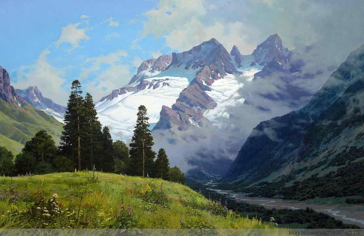 俄罗斯画家画水风景,俄罗斯远山风景油画100幅