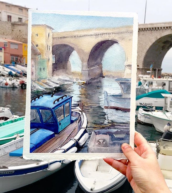 世界水彩画家风景写生,艺术家的画细节