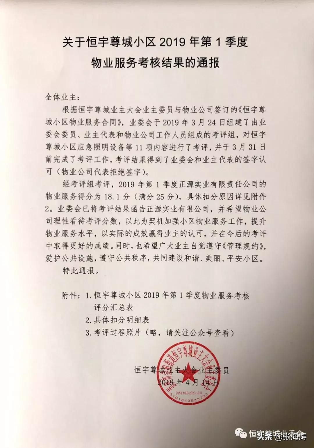 物业资讯：恒宇尊城小区2019年第1季度物业服务考核结果的通报