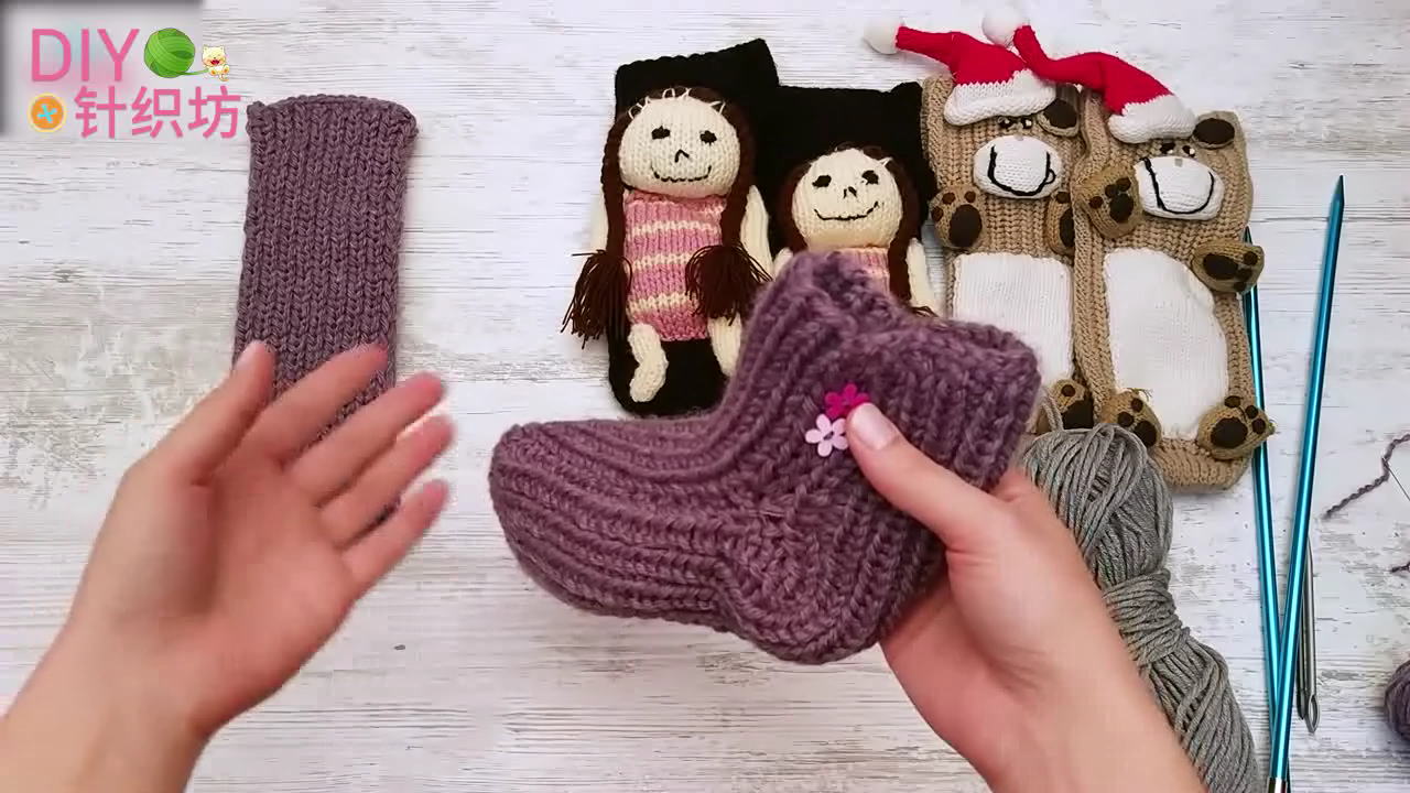 针织毛线袜的教程,家居袜棒针编织视频