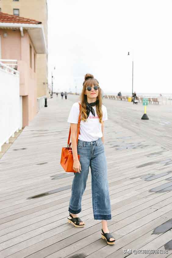 复古蓝高腰牛仔阔腿裤搭配,巨显瘦牛仔阔腿裤