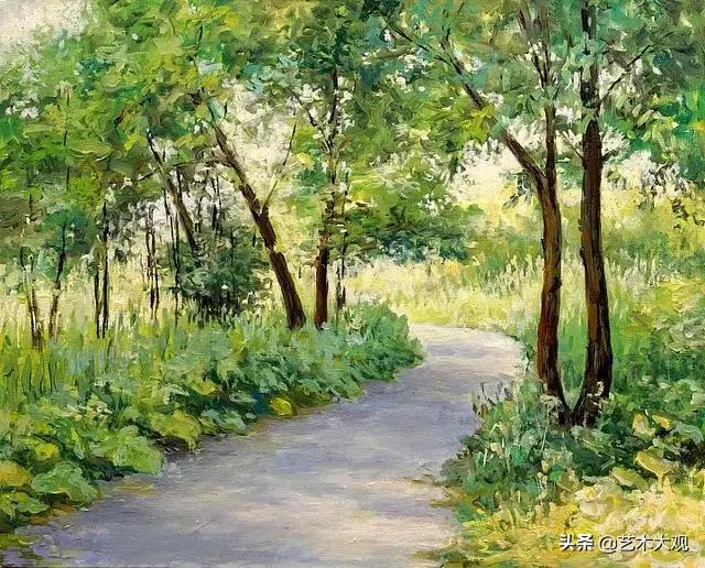 美丽又简单的远山倒影油画,风景优美的小河油画