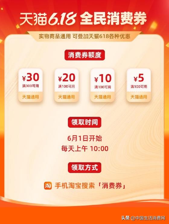 天猫支付满1000送优惠券,天猫618消费券100亿