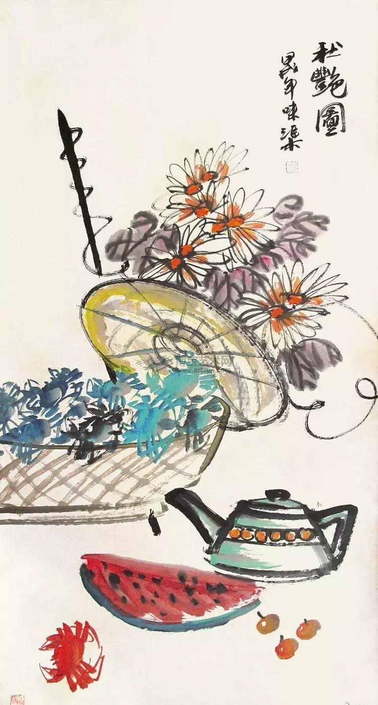 艺术上大胆实践,勇于创新,主张花鸟和山水相结合.