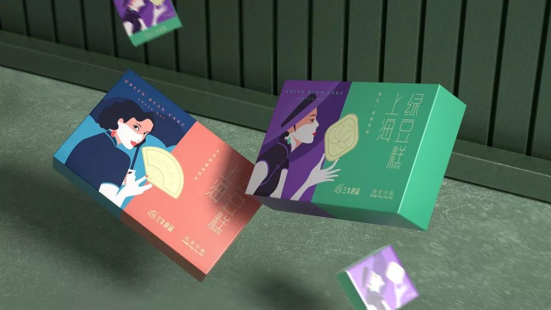 樱花绿豆糕包装盒,包装上印有福字的绿豆糕