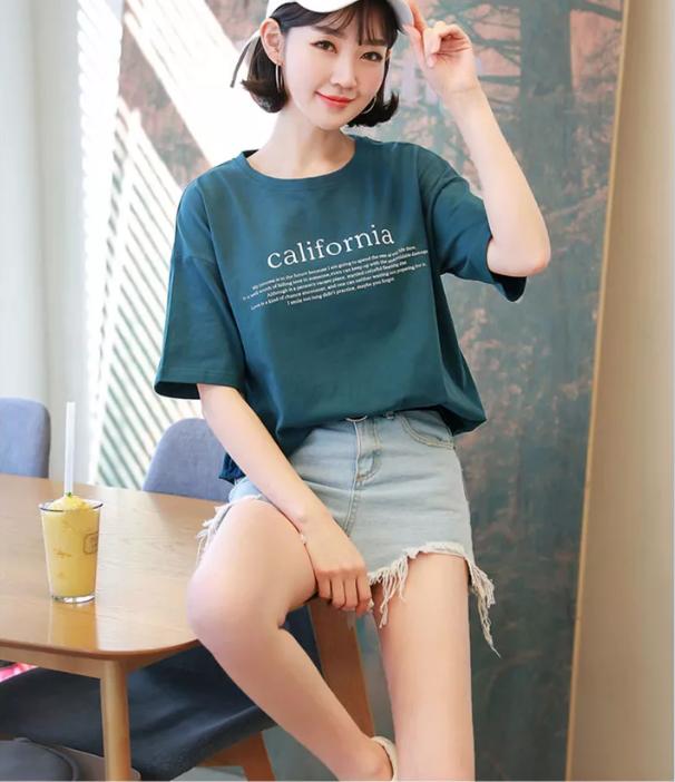 新款韩版印花宽松纯棉女t恤,夏季新款大码女装印花t恤