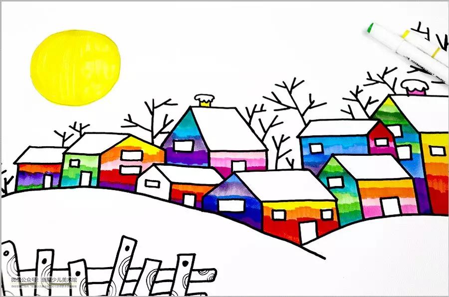 儿童画冬日街道风景,冬日里的树林儿童画